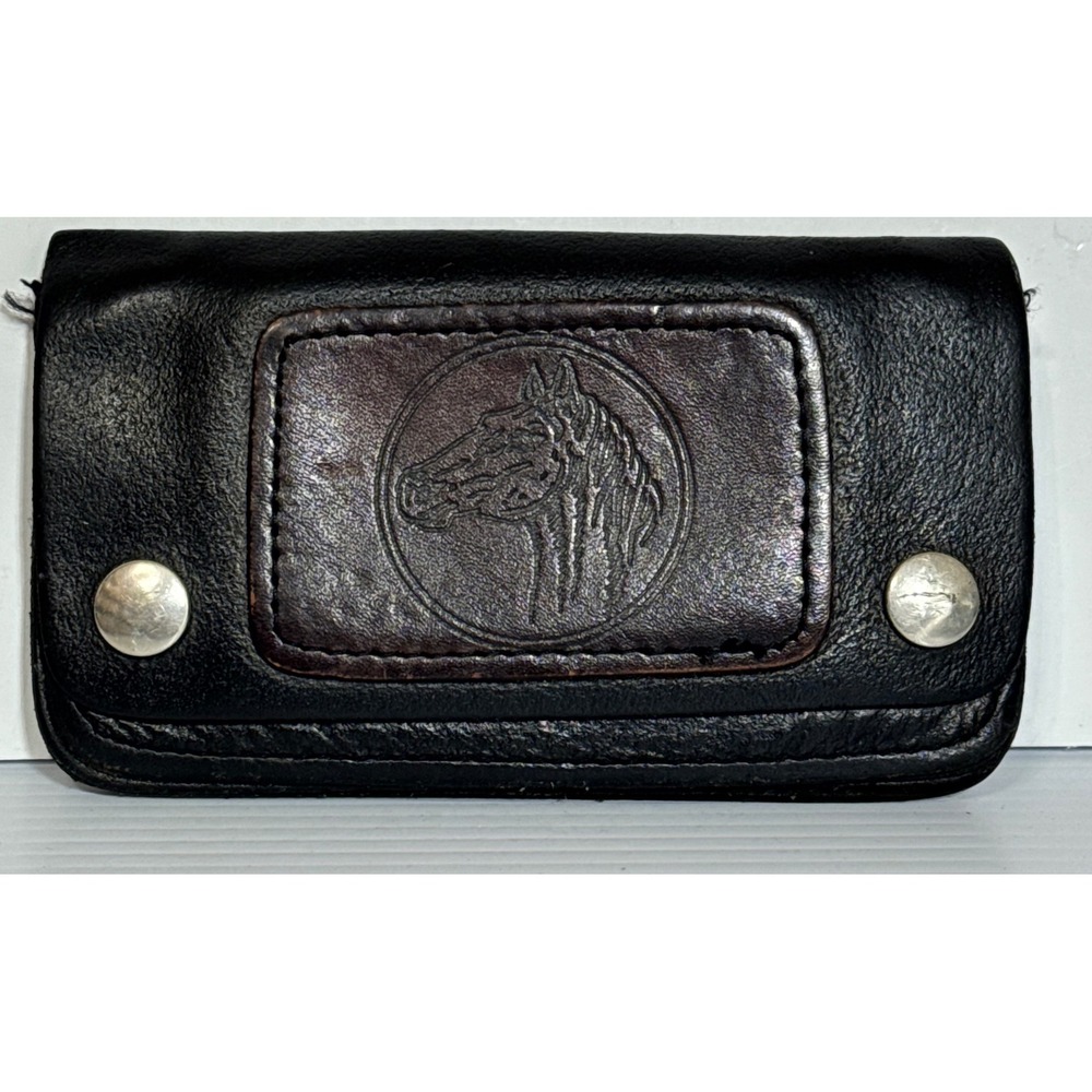 Vintage Horse Head Biker Wallet Black Split Leather Snap Closure Made in USA